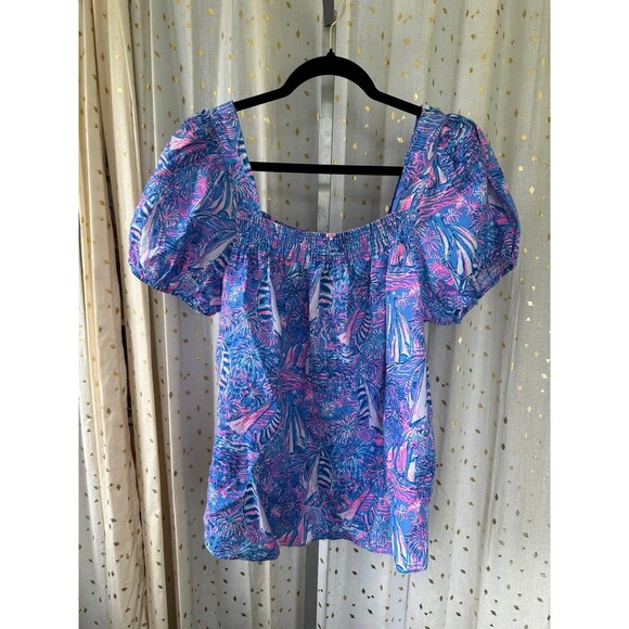 NWOT Lilly Pulitzer 100% Linen Keating Smocked Short Puff Sleeve Peasant Top 16 - Picture 3 of 8